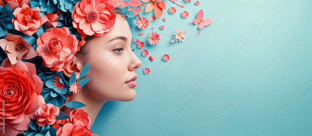 Fototapeta premium Girl in a crown of paper flowers on a blue background. AI generated.