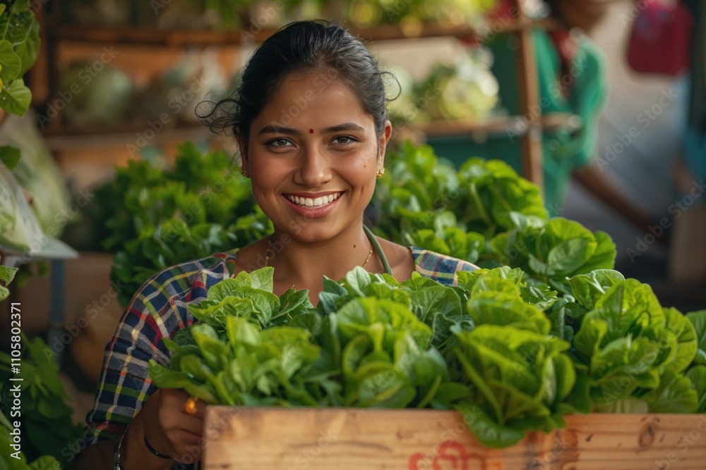 Smiling Indian girl at vegetable counter. AI generated Smiling Indian girl at vegetable counter. AI generated
