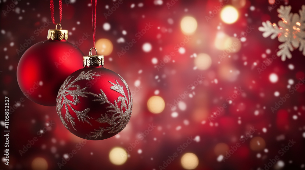 Fototapeta premium Festive Red Christmas Background with Hanging Ornaments and Snowflakes, Bokeh Lights, Copy Space. Perfect for Holiday Greetings, Winter Wonderland Themes, and Seasonal Designs.