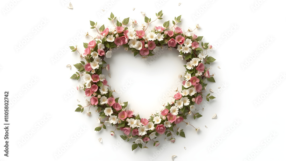 A heart-shaped wreath decorated with small flowers and leaves, isolated on white A heart-shaped wreath decorated with small flowers and leaves, isolated on white