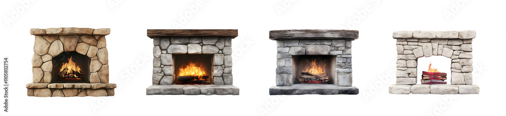 Four diverse stone fireplaces with warm flames, showcasing unique designs and textures. Four diverse stone fireplaces with warm flames, showcasing unique designs and textures.