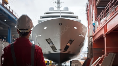 Worker Observes Large Yacht in Shipyard During Construction Process, Highlighting Engineering and Design Skills in Maritime Industry