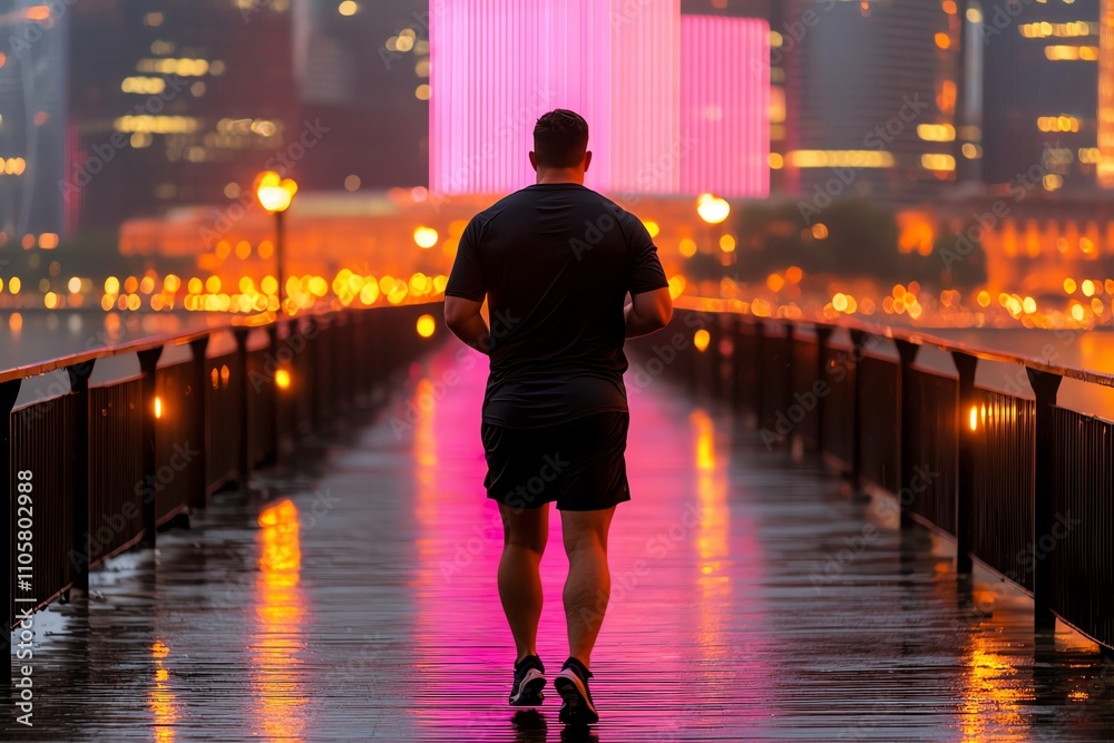 A solitary runner jogs on a reflective pier, illuminated by vibrant city lights and a colorful backdrop, capturing a serene yet energetic evening atmosphere. A solitary runner jogs on a reflective pier, illuminated by vibrant city lights and a colorful backdrop, capturing a serene yet energetic evening atmosphere.