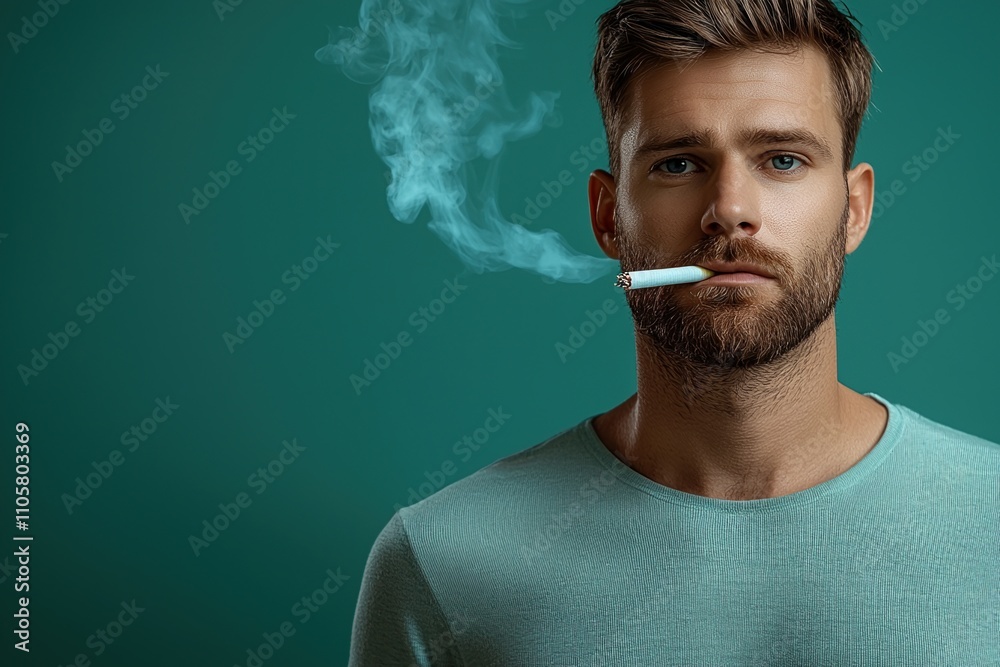 Fototapeta premium Young man smoking a cigarette indoors against a teal backdrop during a quiet evening moment