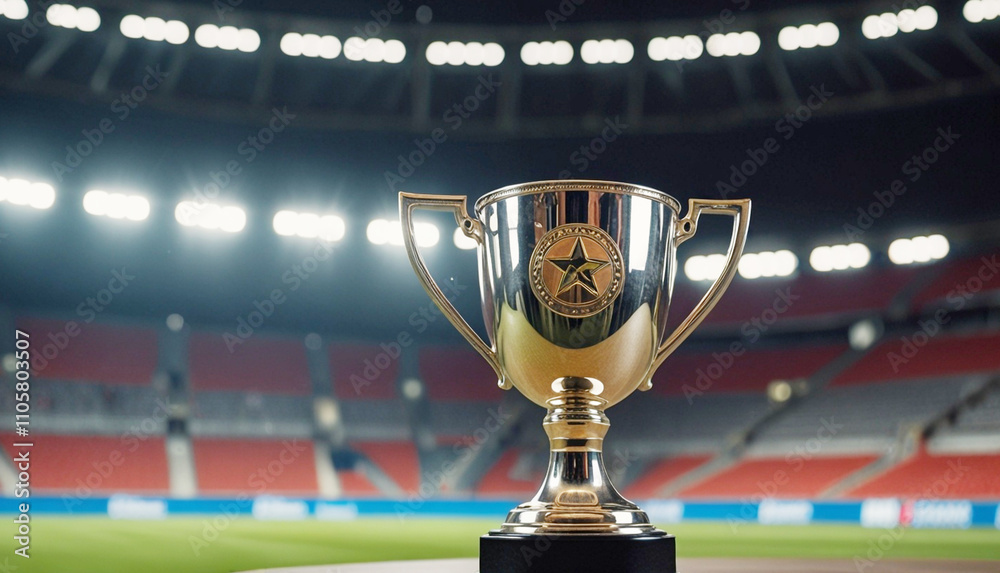 Champion trophy cup with empty stadium lights background, World trophy cup. Generative AI Champion trophy cup with empty stadium lights background, World trophy cup. Generative AI