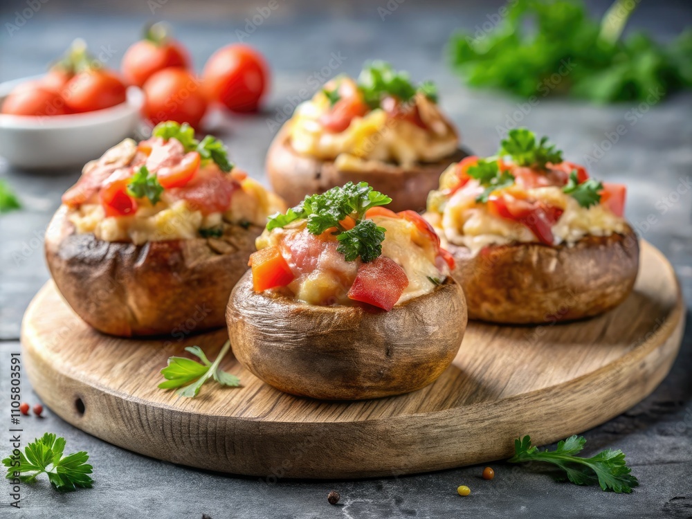 Delicious Stuffed Royal Champignons with Ham, Cheese, and Tomato on Wooden Board - Gourmet Mushroom Appetizer Delicious Stuffed Royal Champignons with Ham, Cheese, and Tomato on Wooden Board - Gourmet Mushroom Appetizer