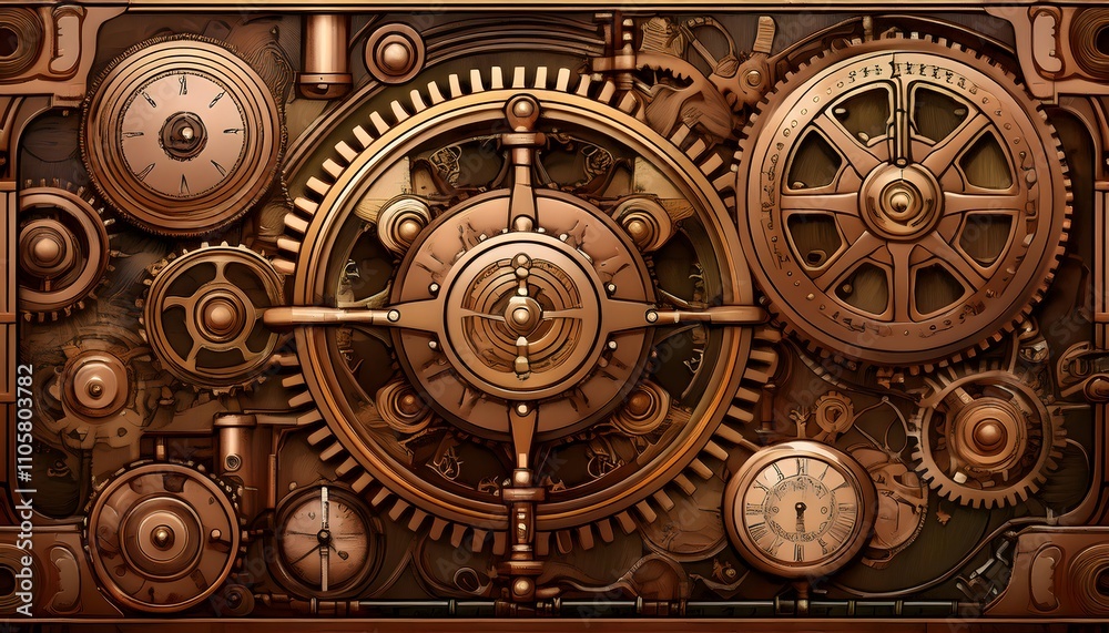 Intricate steampunk machinery with gears and cogs in a bronze tone Intricate steampunk machinery with gears and cogs in a bronze tone