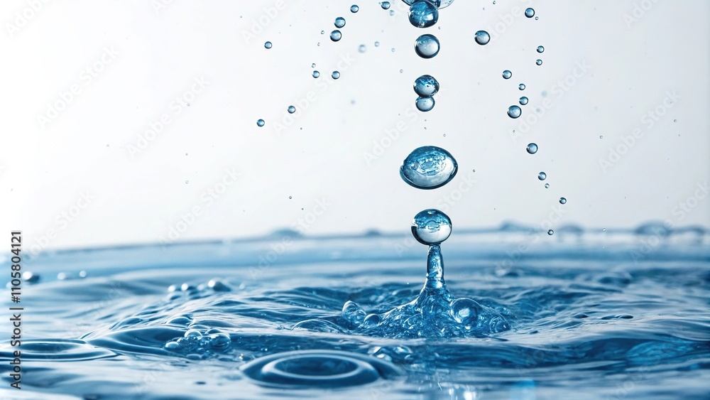 Close-up of isolated blue water drops suspended in mid-air, wavy blue, blue water drops background Close-up of isolated blue water drops suspended in mid-air, wavy blue, blue water drops background
