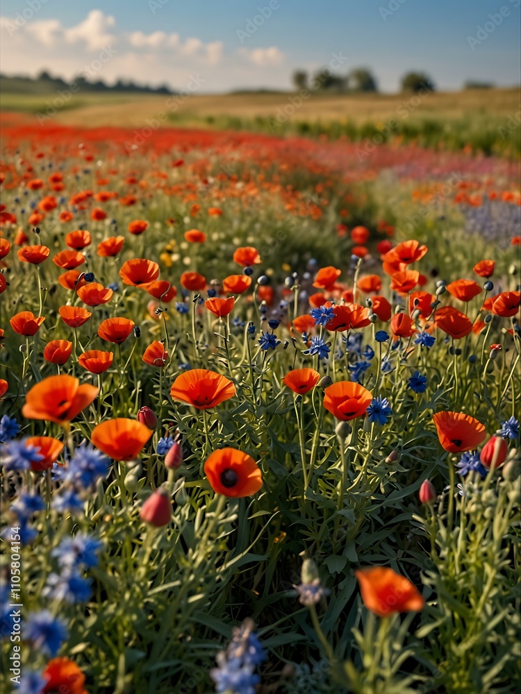 Fototapeta premium Colorful wildflowers – red poppies and blue cornflowers among grain crops.