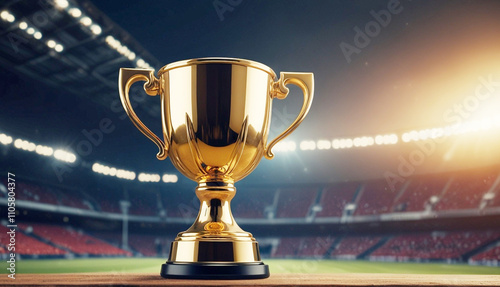 Champion trophy cup with empty stadium lights background, World  trophy cup. Generative AI