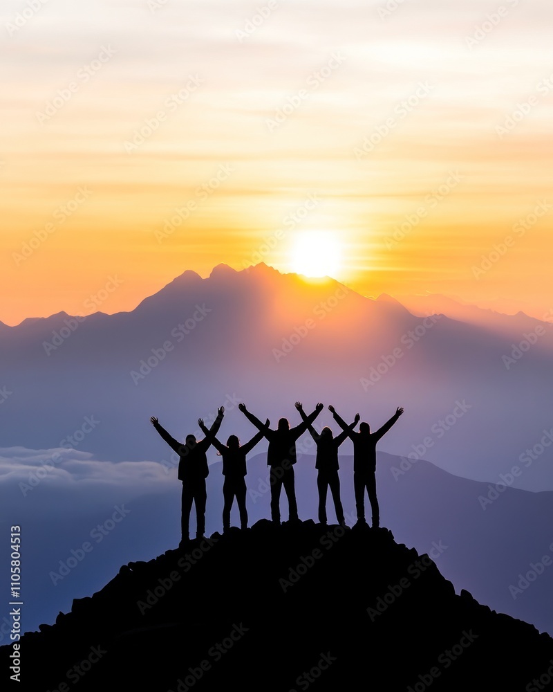 Five silhouettes rejoice on a scenic mountain top.