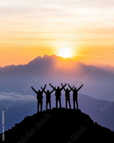 Obraz na płótnie Five silhouettes rejoice on a scenic mountain top. w salonie