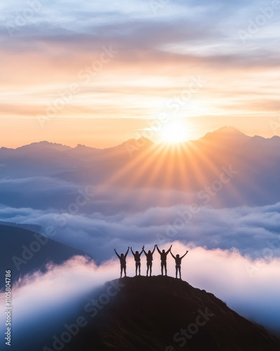 Group silhouetted against sunrise on a mountain top