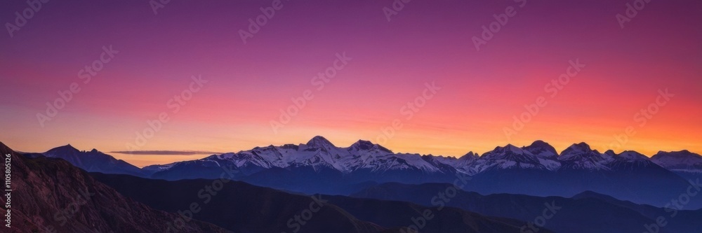 a panoramic view of a mountain range during sunset or sunrise. The sky is a gradient of colors, transitioning from deep purple at the top to a warm orange and pink near the horizon a panoramic view of a mountain range during sunset or sunrise. The sky is a gradient of colors, transitioning from deep purple at the top to a warm orange and pink near the horizon