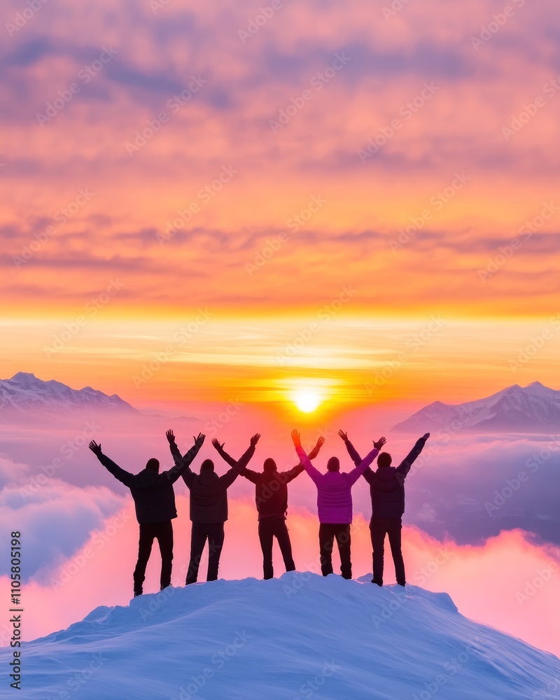 Five adventurers on snowy peak during golden sunset Five adventurers on snowy peak during golden sunset