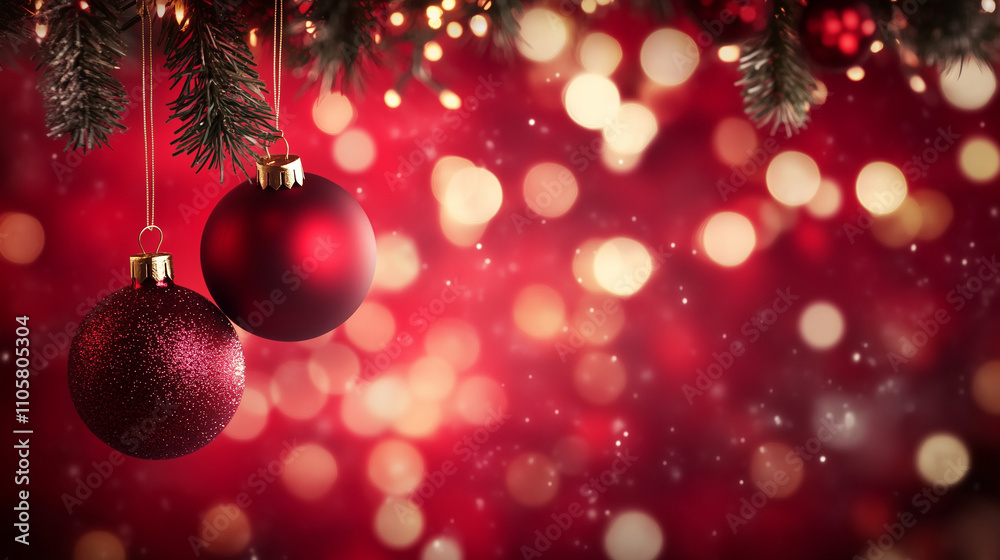 Festive Red Christmas Background with Hanging Ornaments and Snowflakes, Bokeh Lights, Copy Space. Perfect for Holiday Greetings, Winter Wonderland Themes, and Seasonal Designs. Festive Red Christmas Background with Hanging Ornaments and Snowflakes, Bokeh Lights, Copy Space. Perfect for Holiday Greetings, Winter Wonderland Themes, and Seasonal Designs.