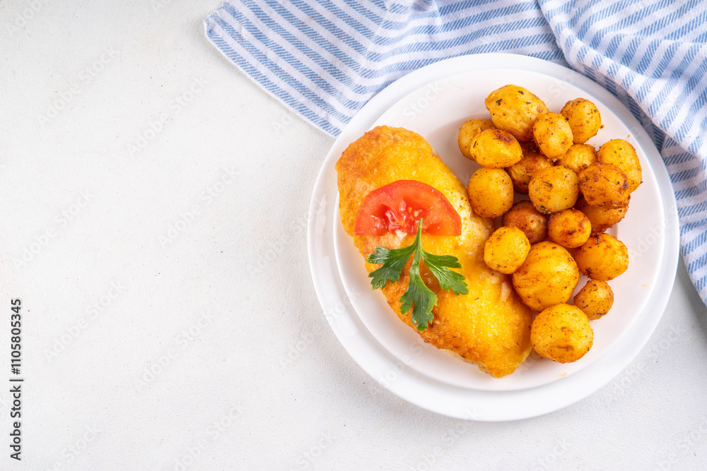 Breaded chicken cutlet with whole fried baby potato side Breaded chicken cutlet with whole fried baby potato side
