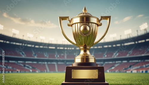 Champion trophy cup with empty stadium lights background, World  trophy cup. Generative AI
