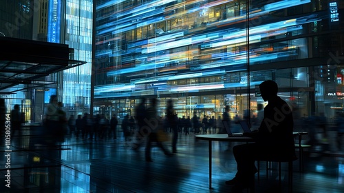 Silhouette of an employee in a meeting room, overlaid with an image of people leaving a corporate building.Double Exposure.[Company Employee]:[Corporate downsizing, reduce company fixed expenses]  photo