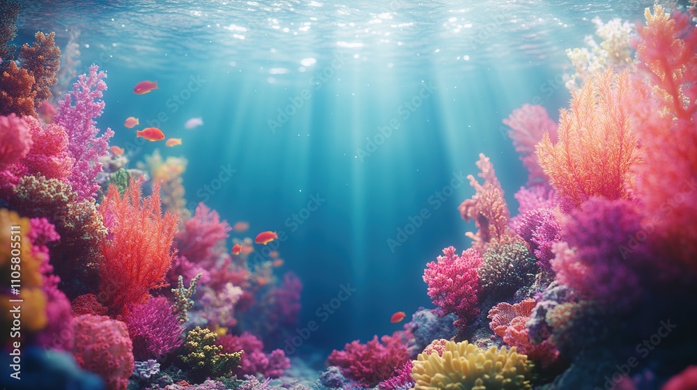 Naklejka premium Underwater scene featuring vibrant coral reefs and colorful fish illuminated by sunlight.