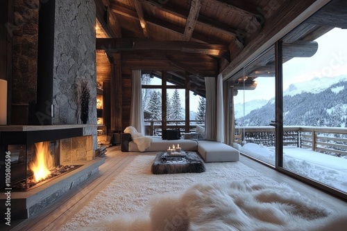 Luxurious Mountain Cabin Living Room With Fireplace And Snowy View
