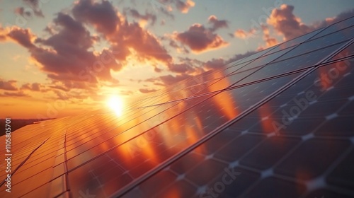 Sunset reflecting on solar panels.