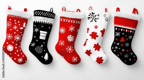 Design black silhouette illustrations of cute Christmas Stocking in various activities ,with bold lines and simple design, placed on a white background 