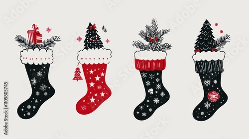 Design black silhouette illustrations of cute Christmas Stocking in various activities ,with bold lines and simple design, placed on a white background 
