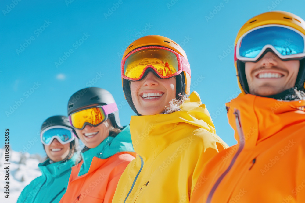 Four friends in helmets laughing on snowy slopes. Four friends in helmets laughing on snowy slopes.