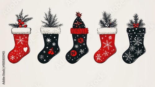 Design black silhouette illustrations of cute Christmas Stocking in various activities ,with bold lines and simple design, placed on a white background 