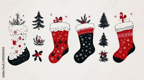 Design black silhouette illustrations of cute Christmas Stocking in various activities ,with bold lines and simple design, placed on a white background 