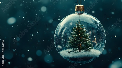  A Christmas tree inside an ornament ball is floating on the snow