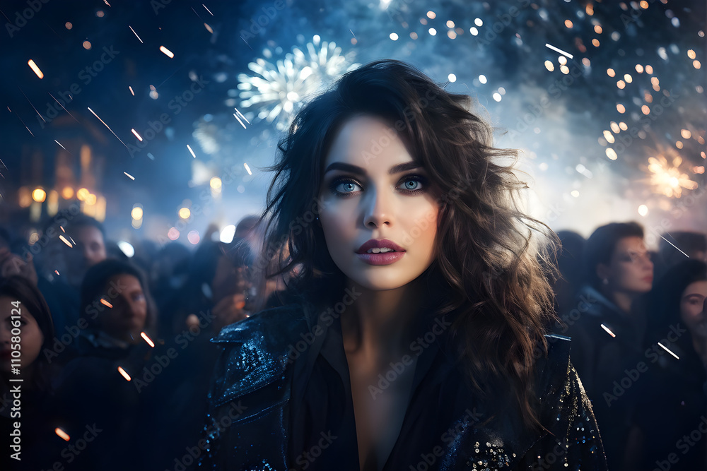 Woman enjoying magical festive New Year’s Eve with fireworks Woman enjoying magical festive New Year’s Eve with fireworks