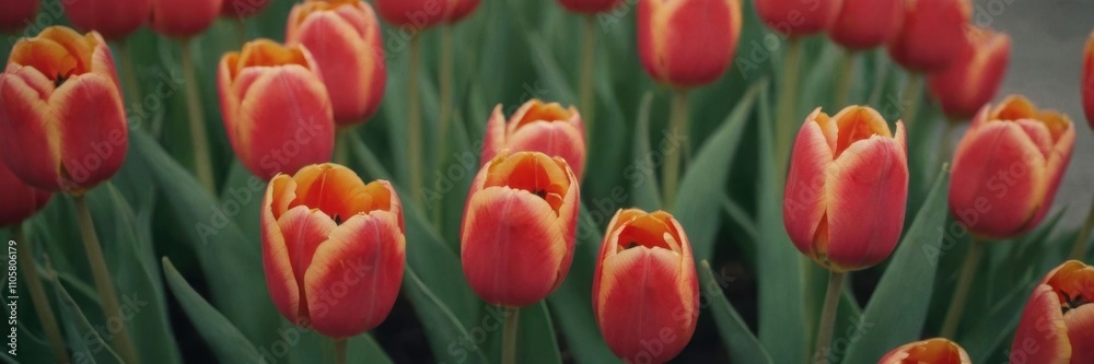 Naklejka premium a close-up view of a group of tulips. The tulips have vibrant orange petals with hints of red, and they are surrounded by green leaves. The flowers are in full bloom, and the image captures the beauty