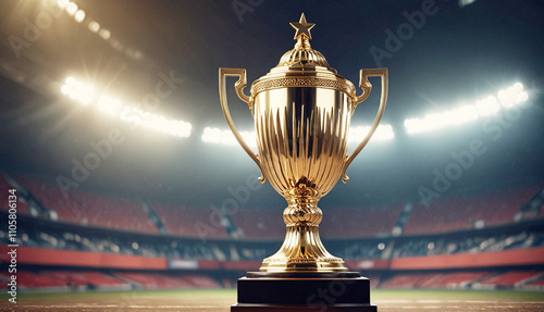 Champion trophy cup with empty stadium lights background, World  trophy cup. Generative AI