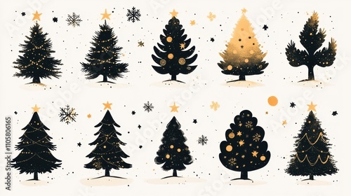 Design black silhouette illustrations of cute Christmas Tinsel in various activities ,with bold lines and simple design, placed on a white background 