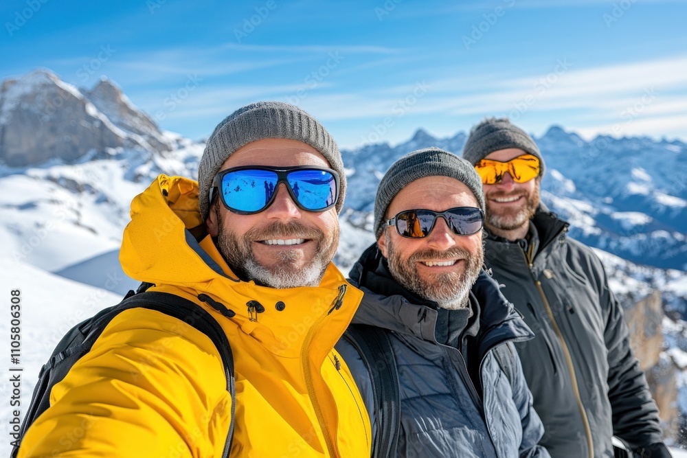 Three men enjoying scenic snowy mountain views Three men enjoying scenic snowy mountain views