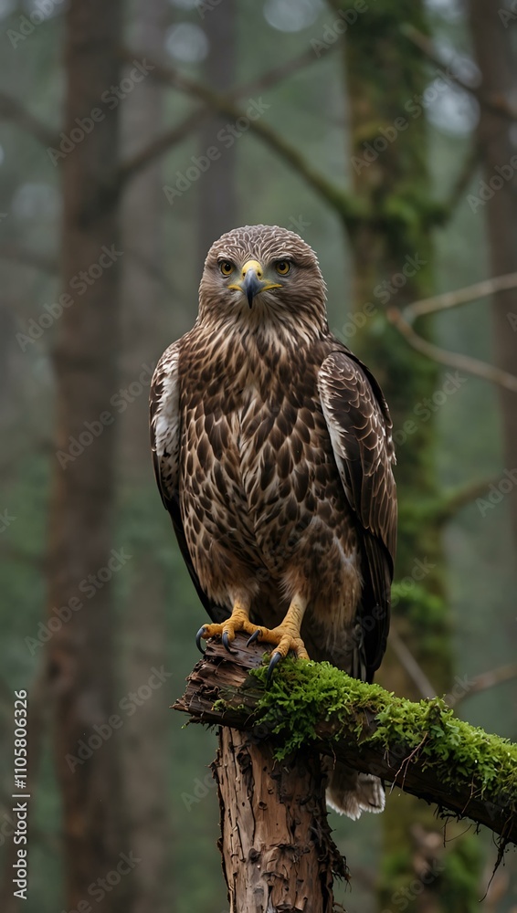 Fototapeta premium Common buzzard in early spring, in a wet forest.