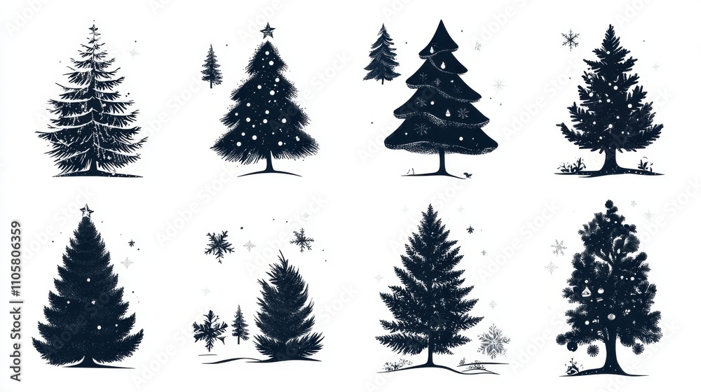 Obraz premium Design black silhouette illustrations of cute Christmas Tree in various activities ,with bold lines and simple design, placed on a white background 