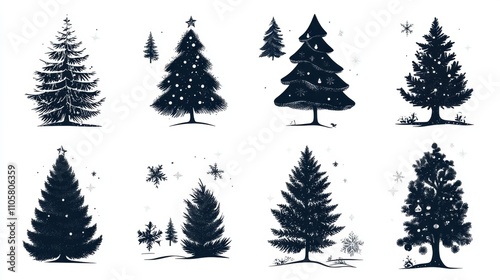 Design black silhouette illustrations of cute Christmas Tree in various activities ,with bold lines and simple design, placed on a white background 