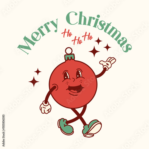 Groovy Christmas design featuring a cheerful ornament character with Merry Christmas and Ho Ho Ho text. Perfect for cards, t-shirts, invitations, decorations, and other holiday projects.