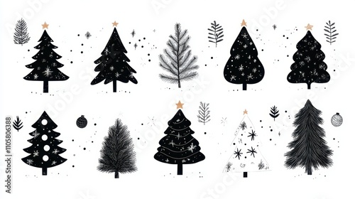 Design black silhouette illustrations of cute Christmas Tree in various activities ,with bold lines and simple design, placed on a white background 