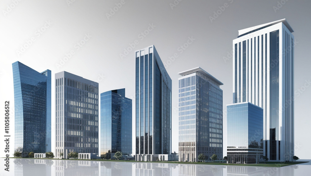 Fototapeta premium Collection of tall office building realistic image on white or transparent background