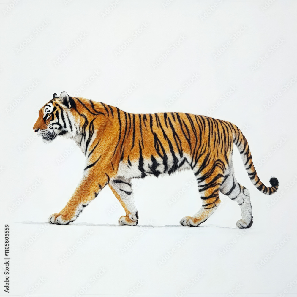 Obraz premium Tiger side view walking, white background
