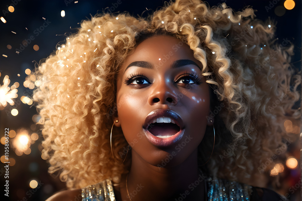 Woman enjoying magical festive New Year’s Eve with fireworks Woman enjoying magical festive New Year’s Eve with fireworks
