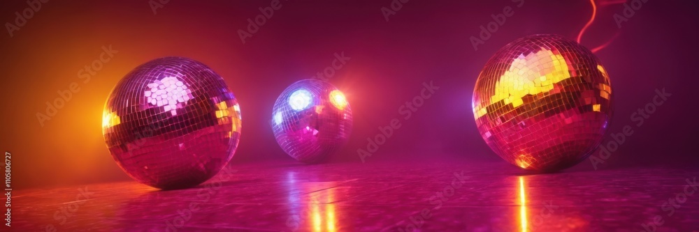 three shiny, metallic spheres placed on a reflective surface. The scene is illuminated with vibrant, colorful lighting, creating a dramatic effect. The sphere on the left is reflecting a warm, orange three shiny, metallic spheres placed on a reflective surface. The scene is illuminated with vibrant, colorful lighting, creating a dramatic effect. The sphere on the left is reflecting a warm, orange