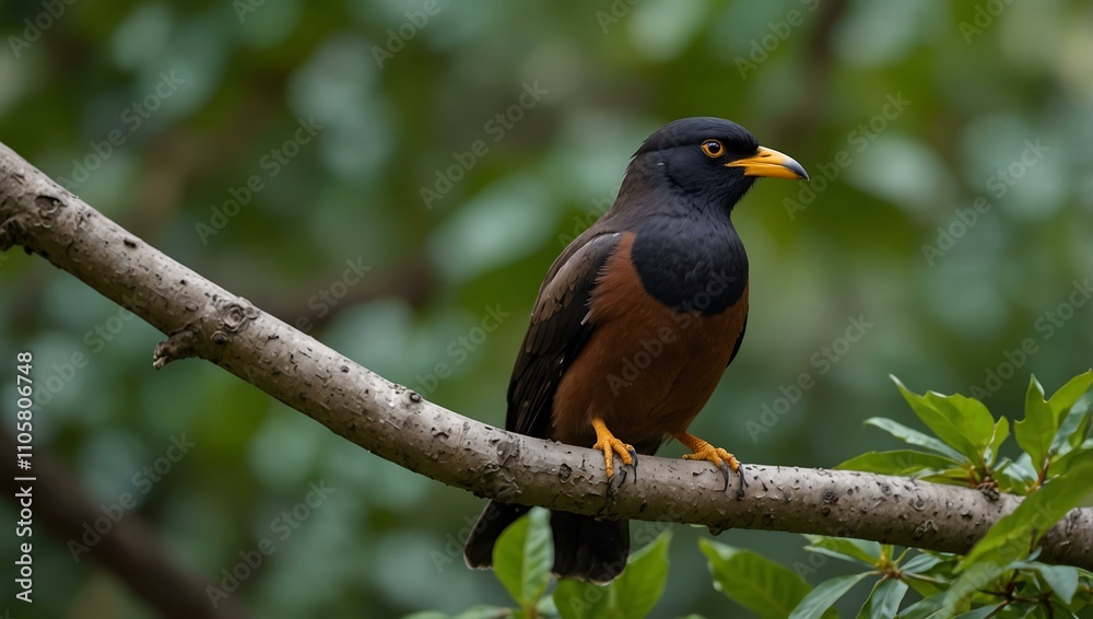 Fototapeta premium Common Myna bird sitting on a branch against green leaves.