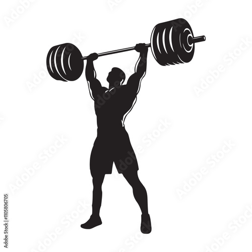 Strength in Silhouette: A muscular figure, poised in a dynamic display of power, effortlessly hoists a heavy barbell overhead.