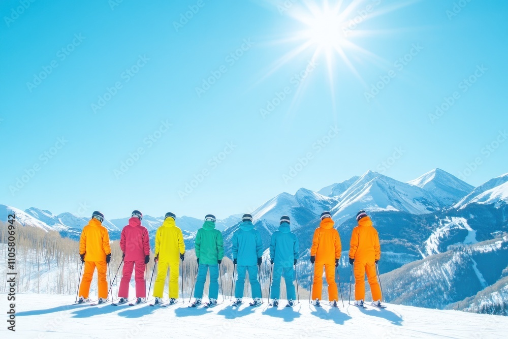 Seven brightly dressed skiers line up under sunny sky
