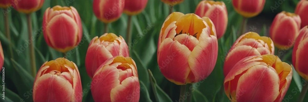 a close-up view of a field of tulips. The tulips are primarily pink with yellow edges on their petals. They are densely packed, and the green stems and leaves are visible among the flowers a close-up view of a field of tulips. The tulips are primarily pink with yellow edges on their petals. They are densely packed, and the green stems and leaves are visible among the flowers